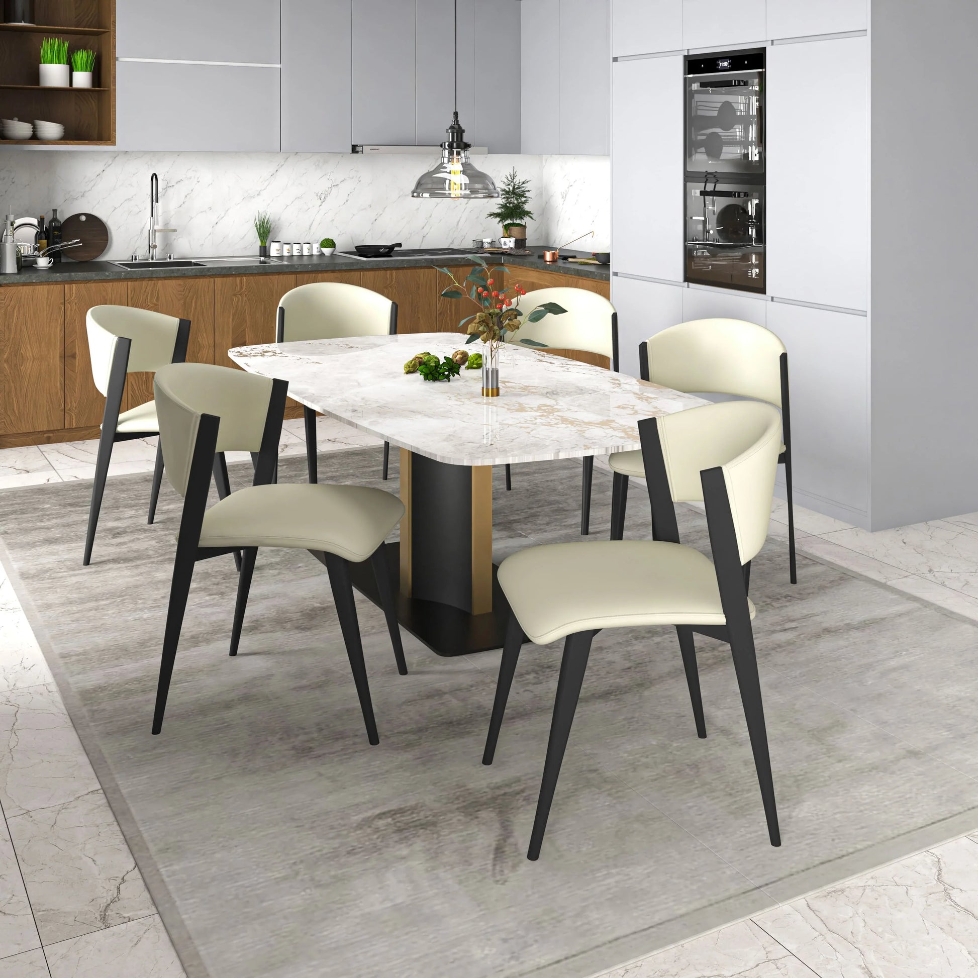 Sylvia 7-Piece Dining Set with Rectangular Table in Sintered Stone Top and 6 Leather Side Chairs - Elax Furniture