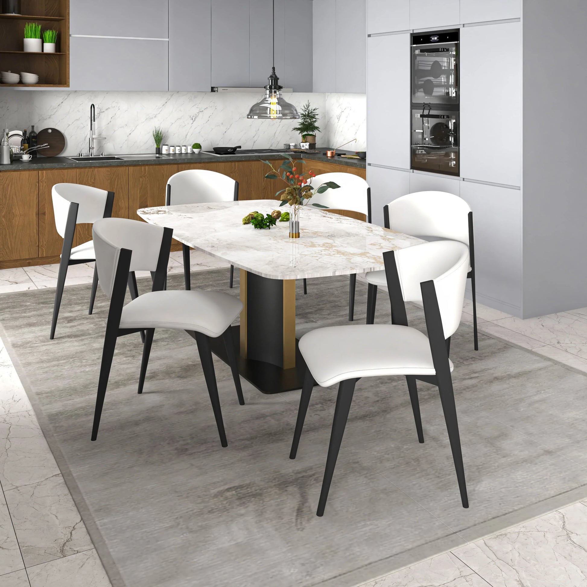 Sylvia 7-Piece Dining Set with Rectangular Table in Sintered Stone Top and 6 Leather Side Chairs - Elax Furniture