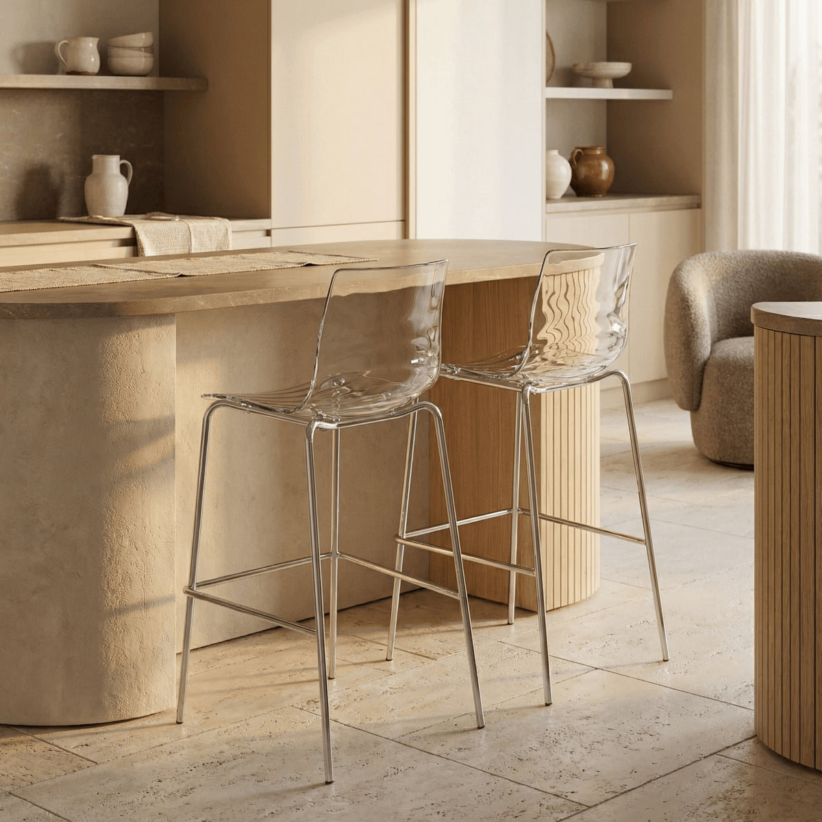 Astor Plastic Bar Stool – Chrome Steel Base with Ripple Swirl Seat Design and Footrest