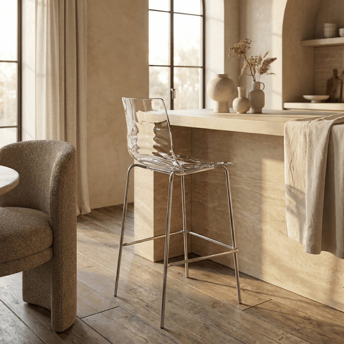 Astor Plastic Bar Stool – Chrome Steel Base with Ripple Swirl Seat Design and Footrest