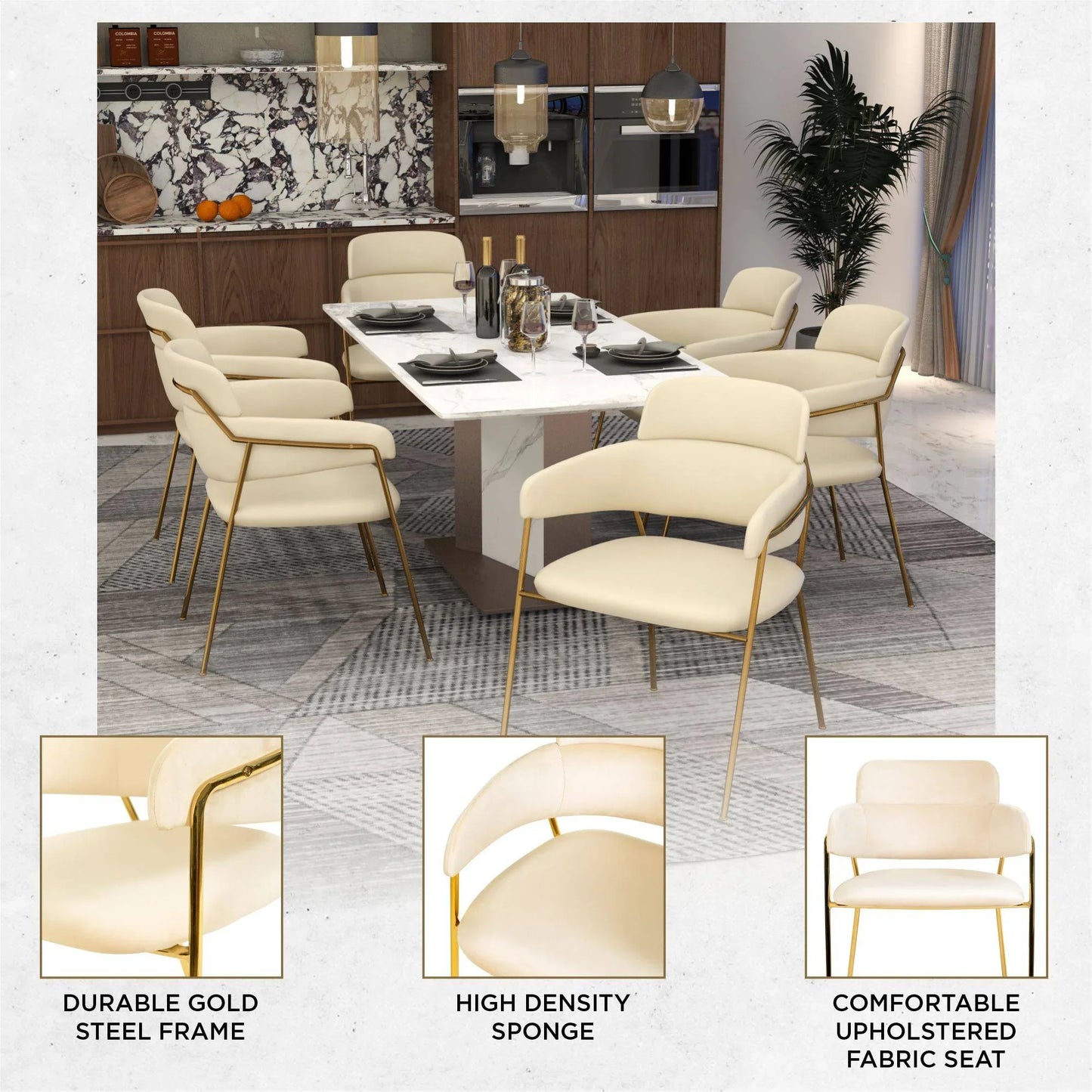 Axis Upholstered Dining Chair with Curved Open-Back Design and Gold Stainless Steel Legs - Elax Furniture
