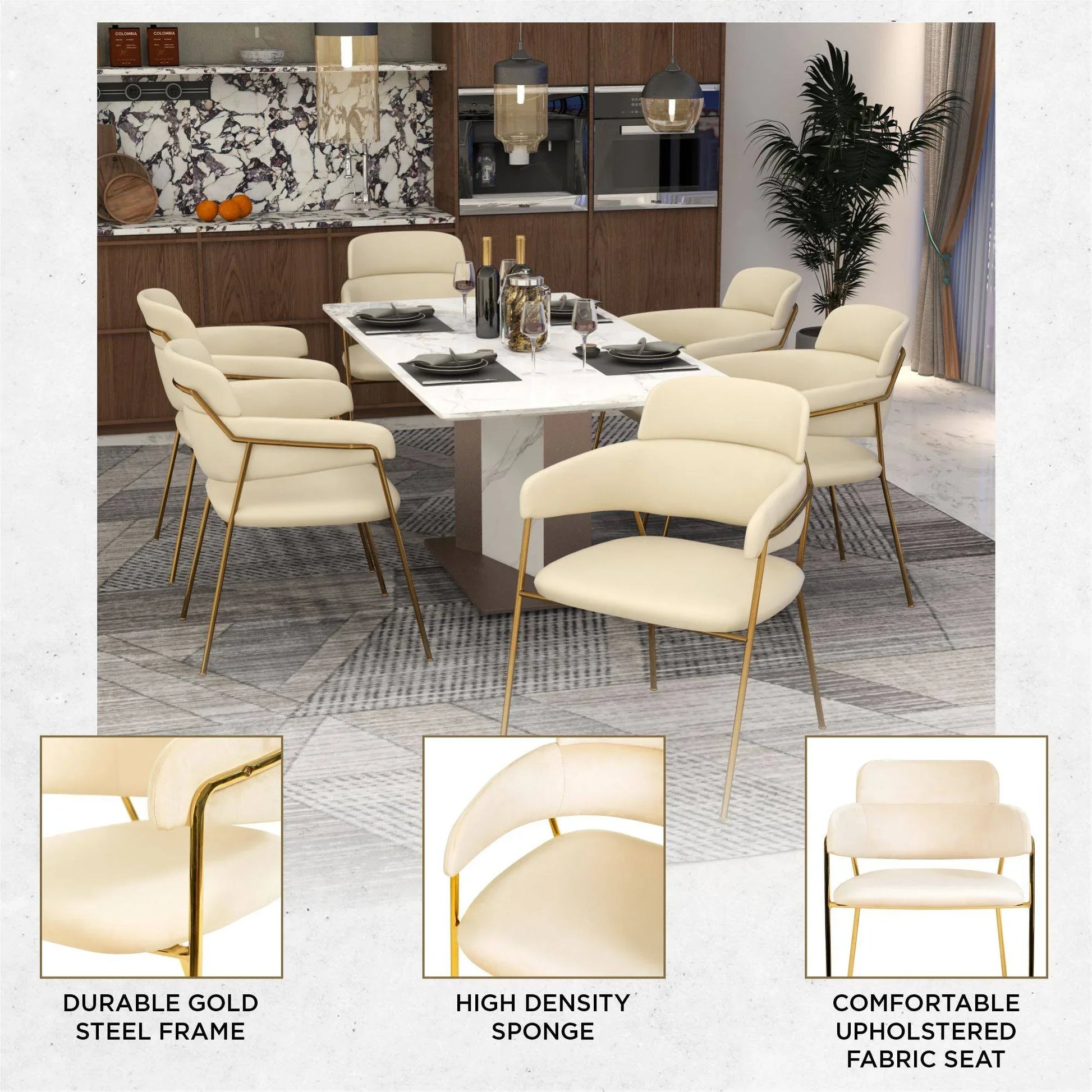 Axis Upholstered Dining Chair with Curved Open-Back Design and Gold Stainless Steel Legs - Elax Furniture