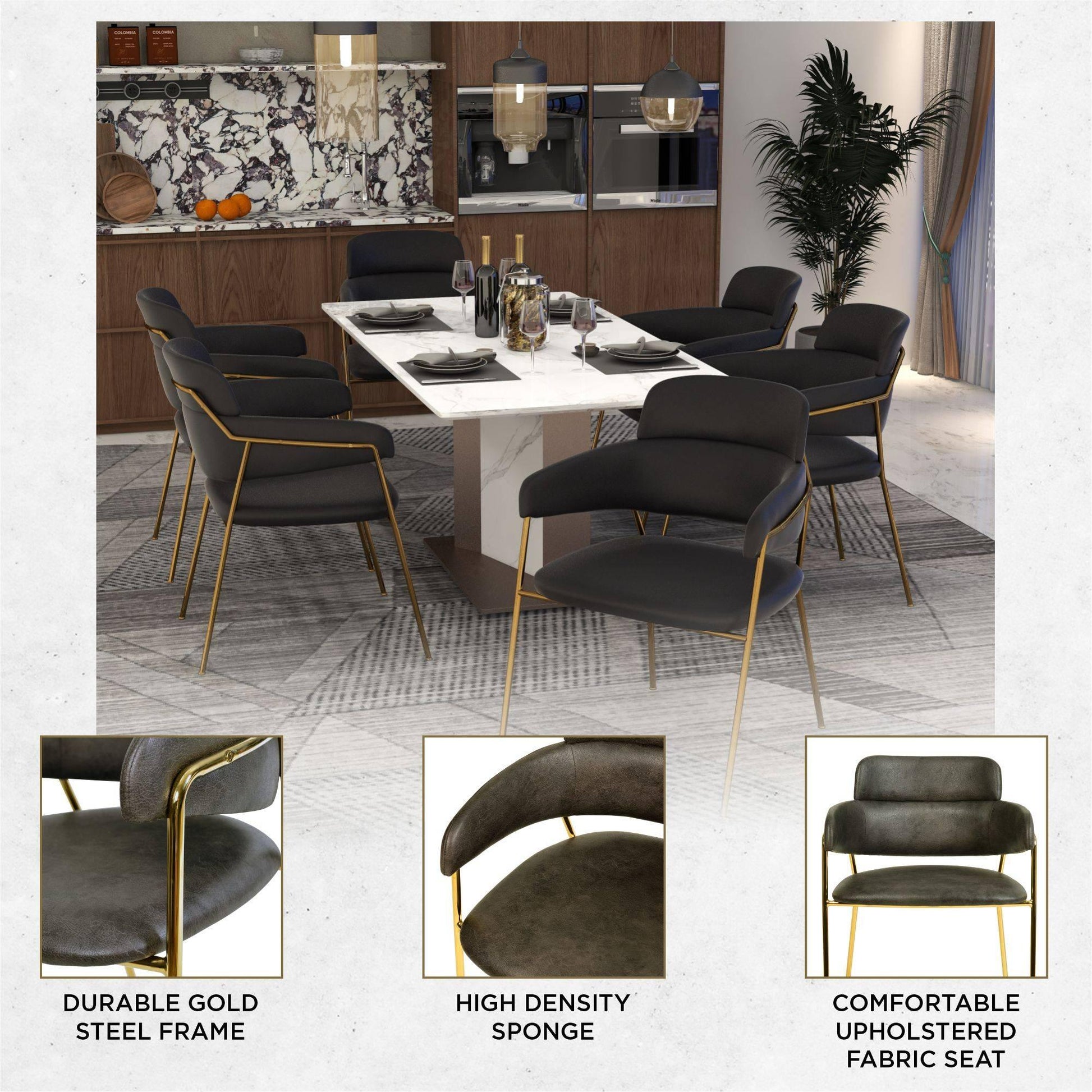 Axis Upholstered Dining Chair with Curved Open-Back Design and Gold Stainless Steel Legs - Elax Furniture