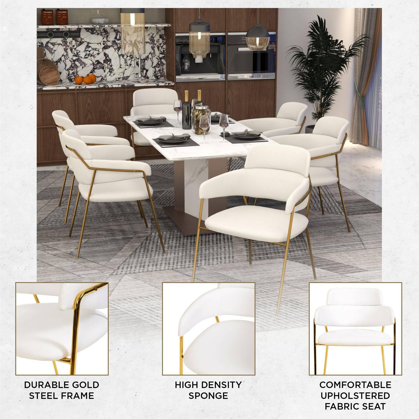 Axis Upholstered Dining Chair with Curved Open-Back Design and Gold Stainless Steel Legs - Elax Furniture