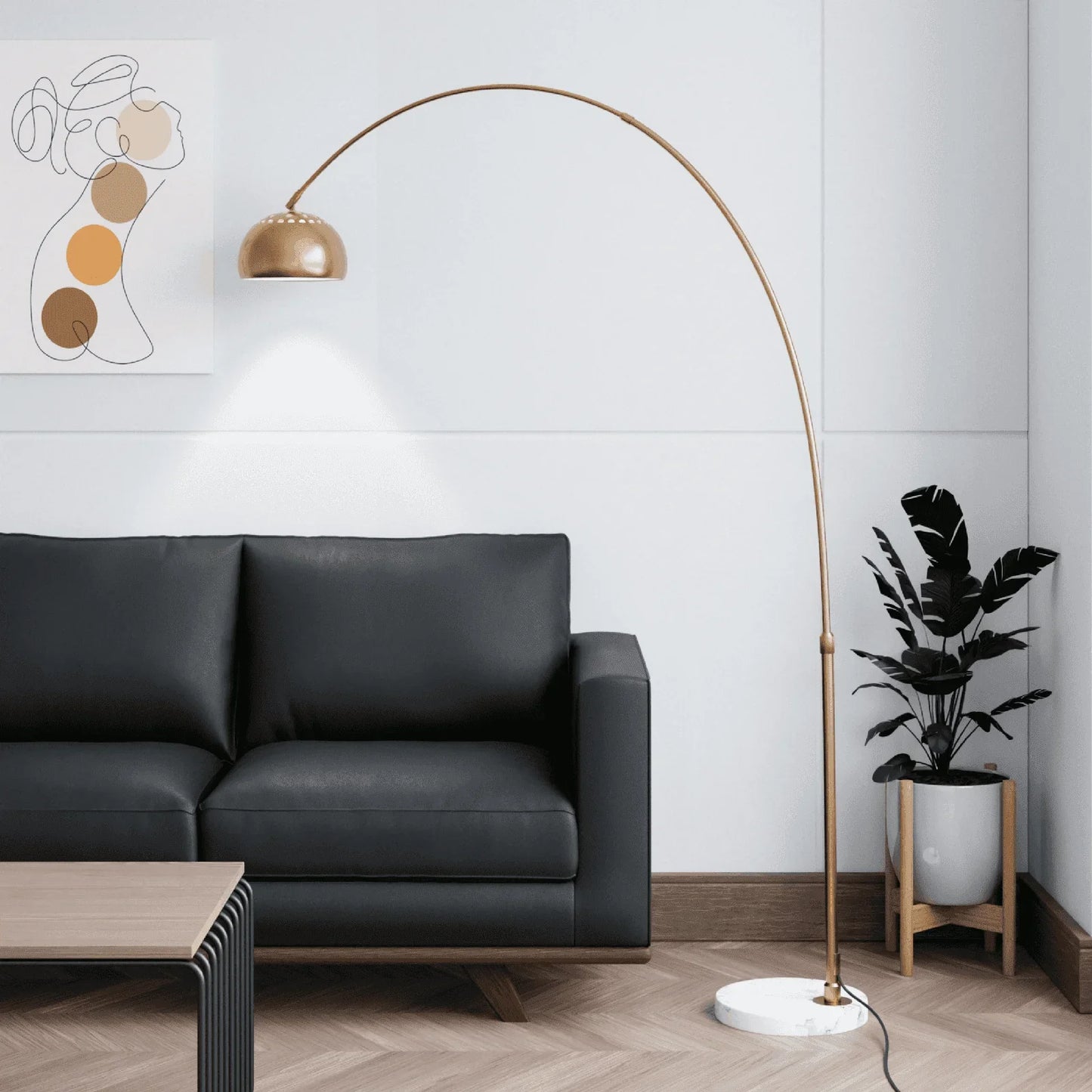 Arco Modern Arched Floor Lamp 76" Height with White Round Marble Base and Metal Dome Lamp Shade - Elax Furniture