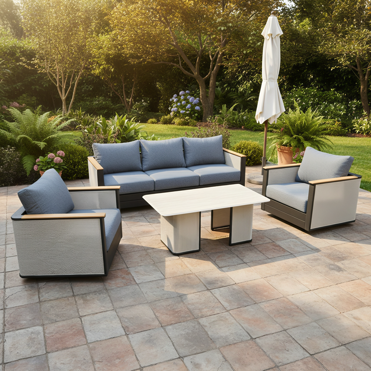 LeisureMod Arvin 4-Piece Conversation Set with Coffee Table, Sofa, and 2 Accent Chairs