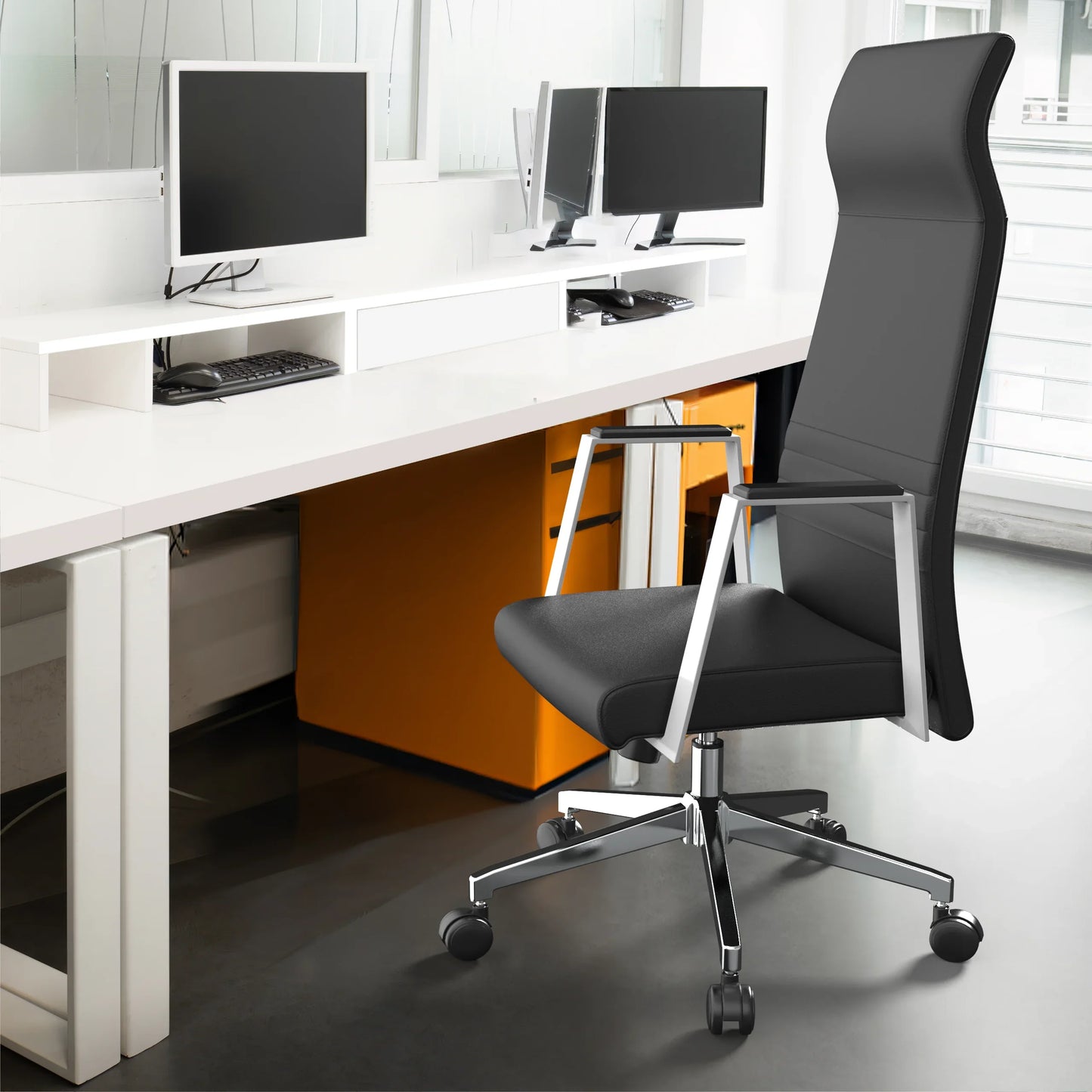 Aleen High-Back Office Chair in Upholstered Leather and Iron Frame with Swivel and Tilt - Elax Furniture