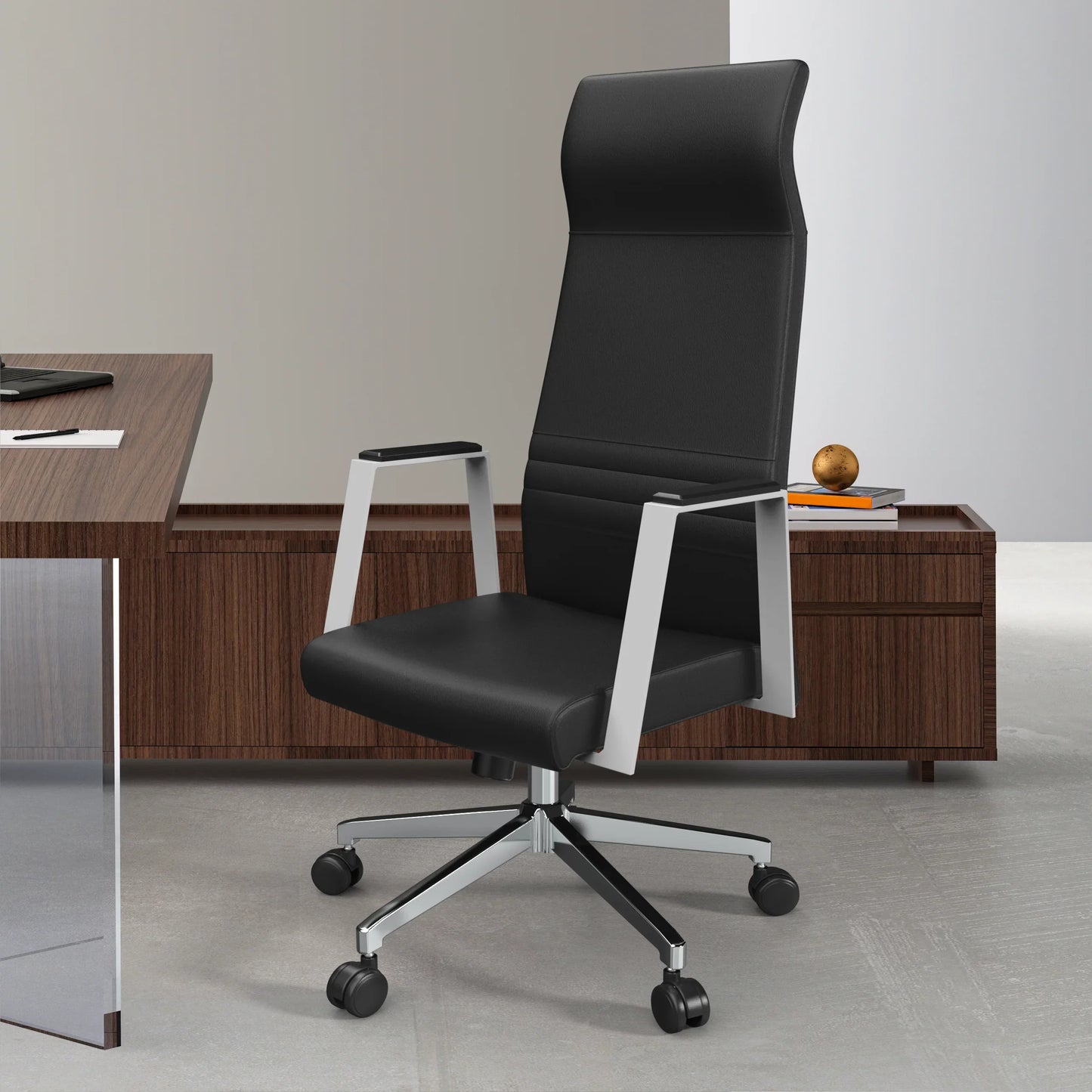 Aleen High-Back Office Chair in Upholstered Leather and Iron Frame with Swivel and Tilt - Elax Furniture