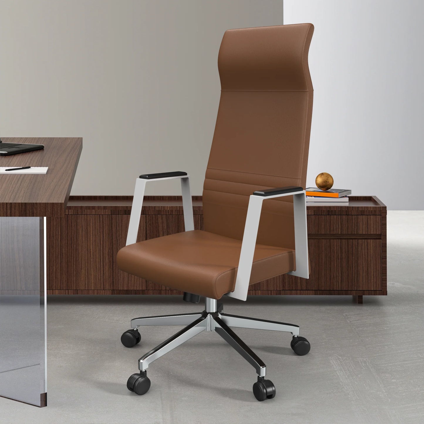 Aleen High-Back Office Chair in Upholstered Leather and Iron Frame with Swivel and Tilt - Elax Furniture