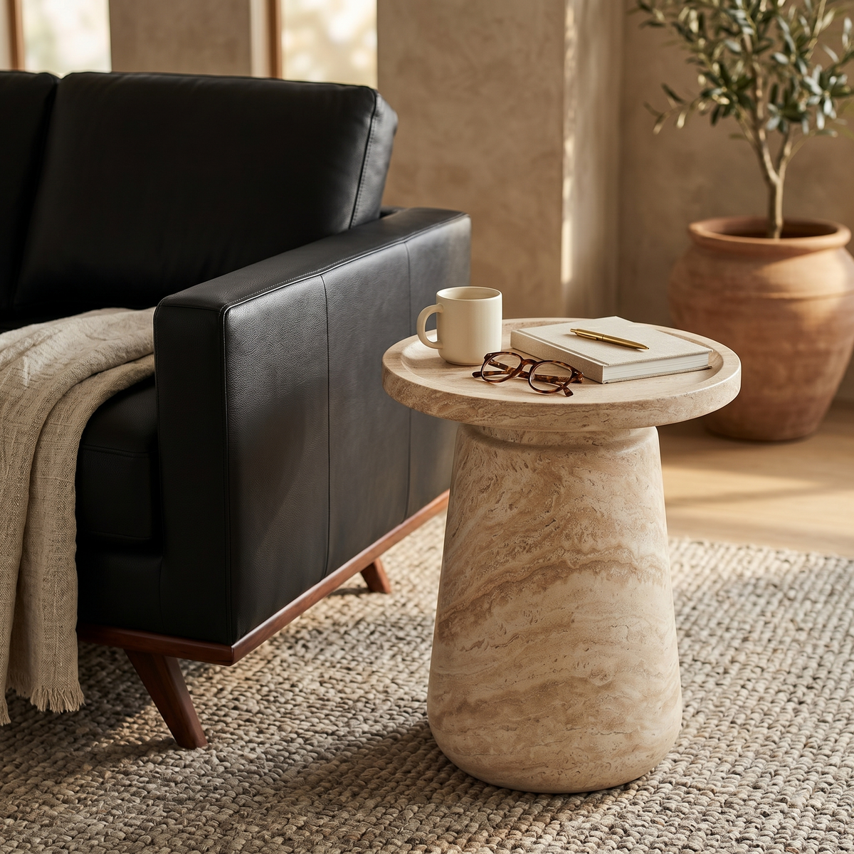 Aruba Fiberstone Side/End Table Tray-Top Design Pedestal Base