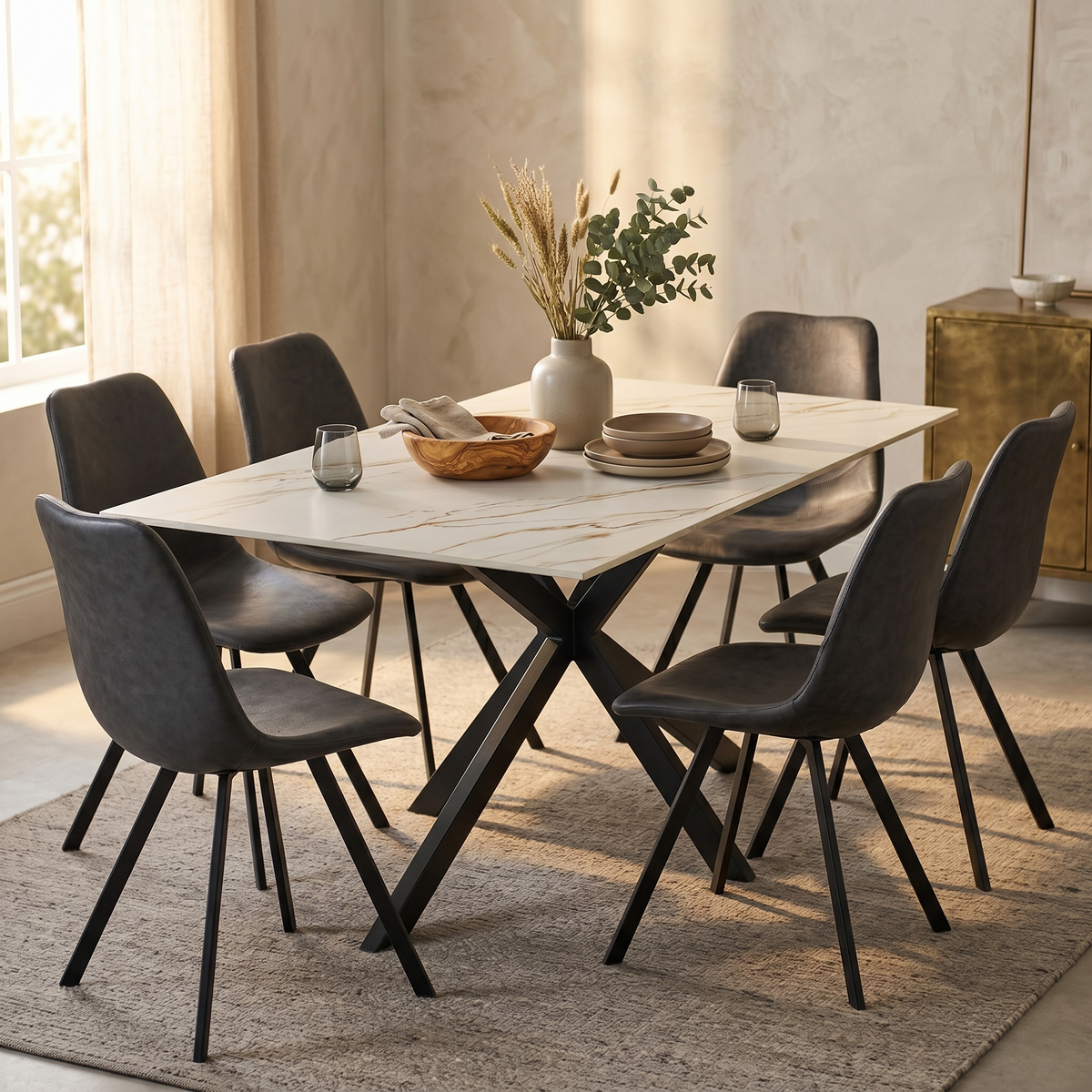 Apex 48 in. Rectangular Dining Table with Sintered Stone Tabletop in Black Steel Base