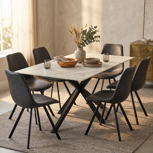 Apex 48 in. Rectangular Dining Table with Sintered Stone Tabletop in Black Steel Base