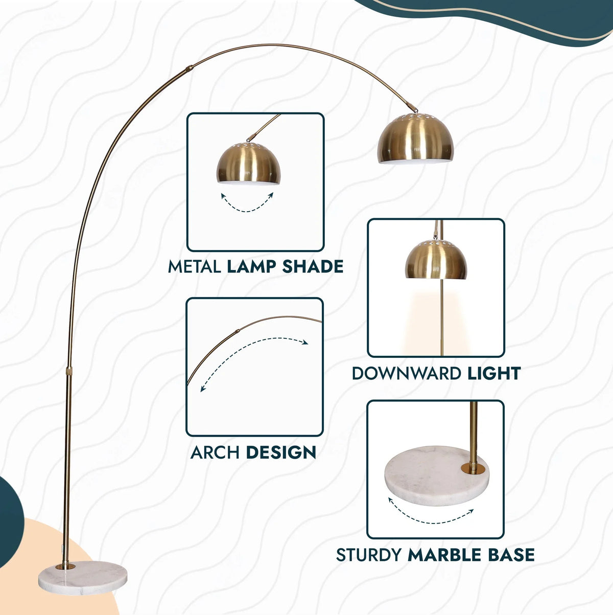 Arco Modern Arched Floor Lamp 76" Height with White Round Marble Base and Metal Dome Lamp Shade - Elax Furniture
