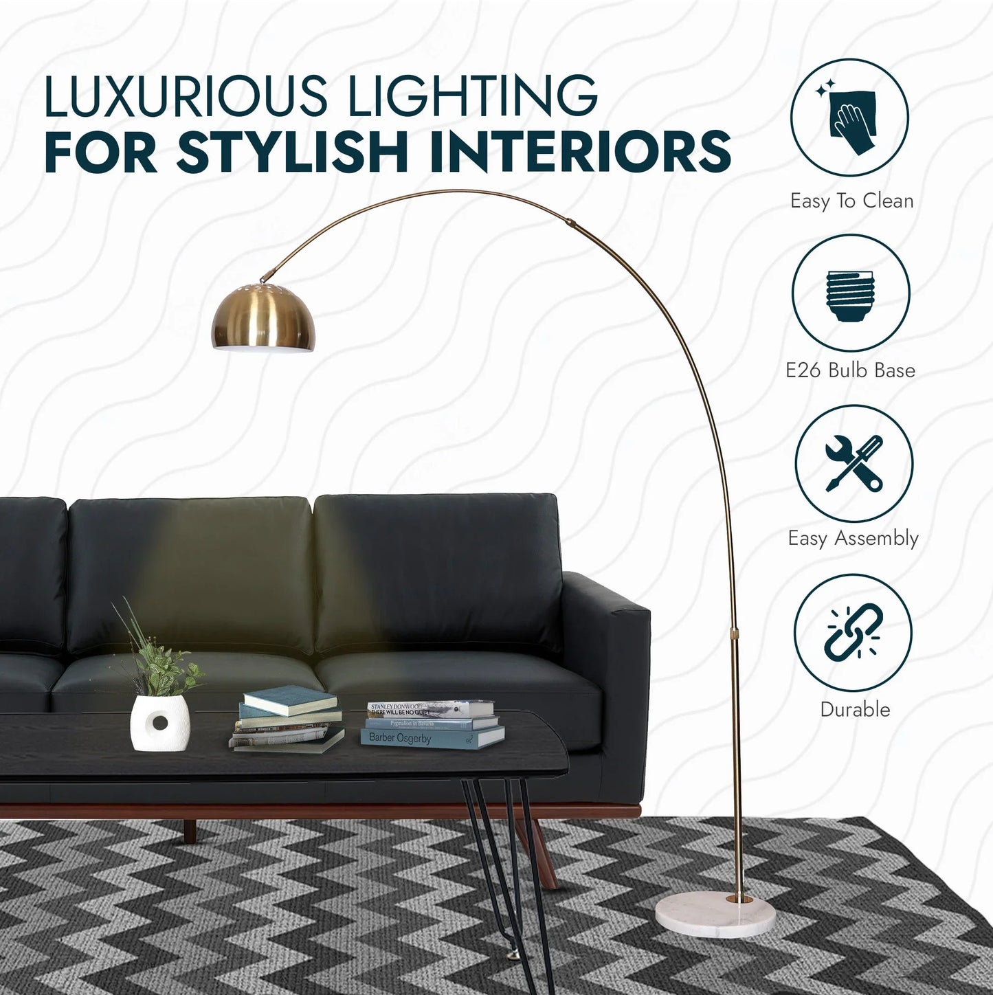 Arco Modern Arched Floor Lamp 76" Height with White Round Marble Base and Metal Dome Lamp Shade - Elax Furniture