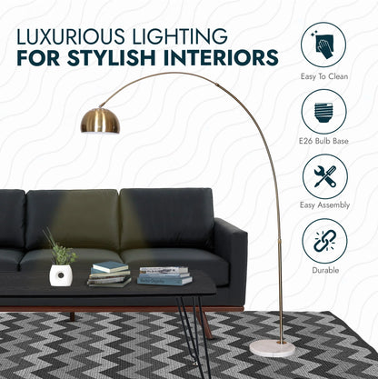 Arco Modern Arched Floor Lamp 76" Height with White Round Marble Base and Metal Dome Lamp Shade - Elax Furniture