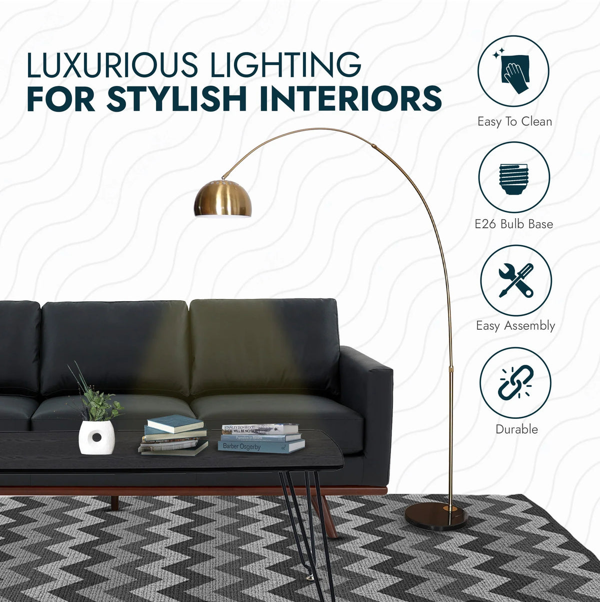 Arco Modern 76" Arched Floor Lamp: Black Marble Base & Metal Dome Shade - Elax Furniture