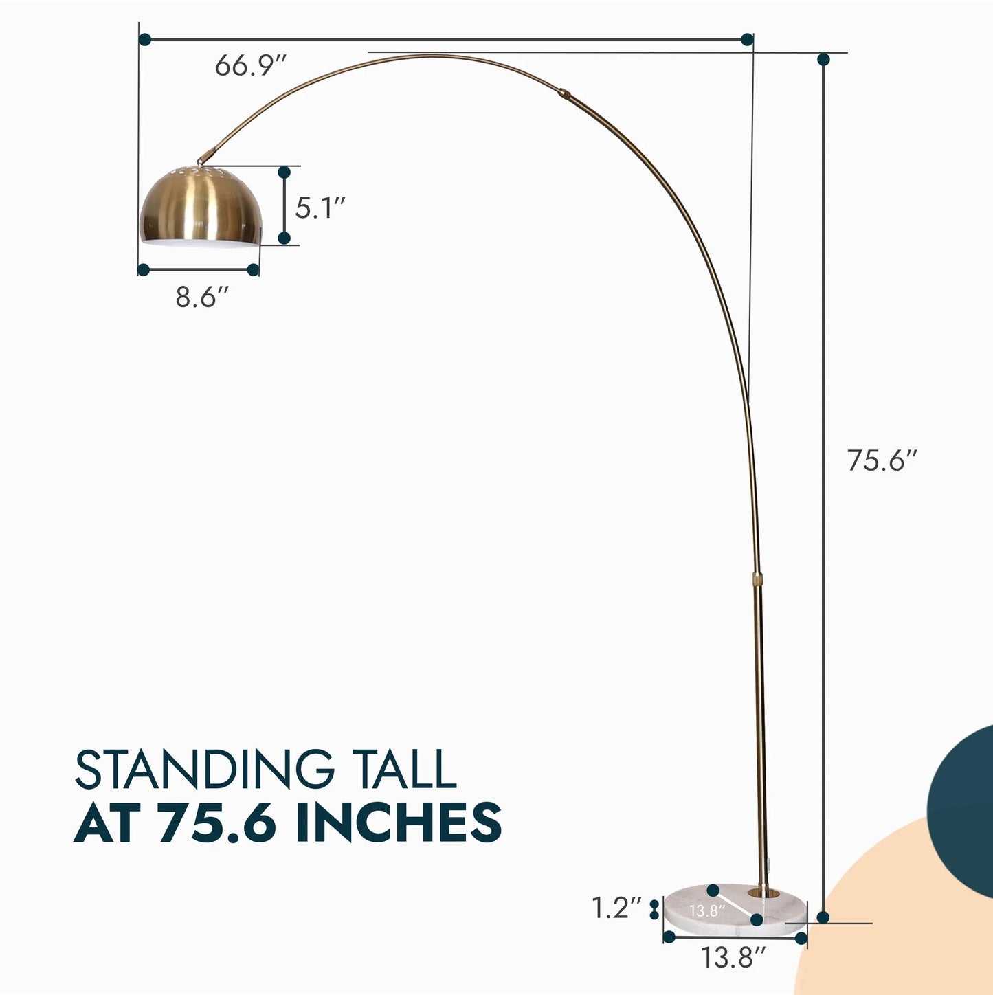 Arco Modern Arched Floor Lamp 76" Height with White Round Marble Base and Metal Dome Lamp Shade - Elax Furniture