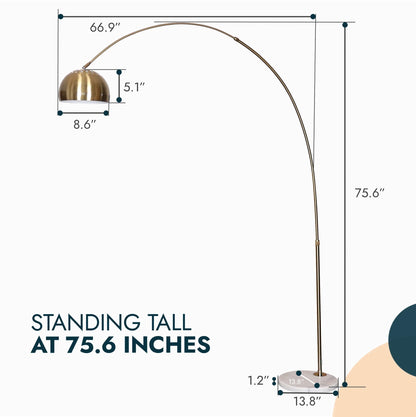 Arco Modern Arched Floor Lamp 76" Height with White Round Marble Base and Metal Dome Lamp Shade - Elax Furniture