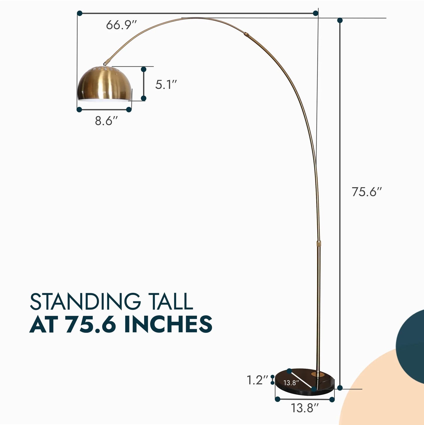 Arco Modern 76" Arched Floor Lamp: Black Marble Base & Metal Dome Shade - Elax Furniture