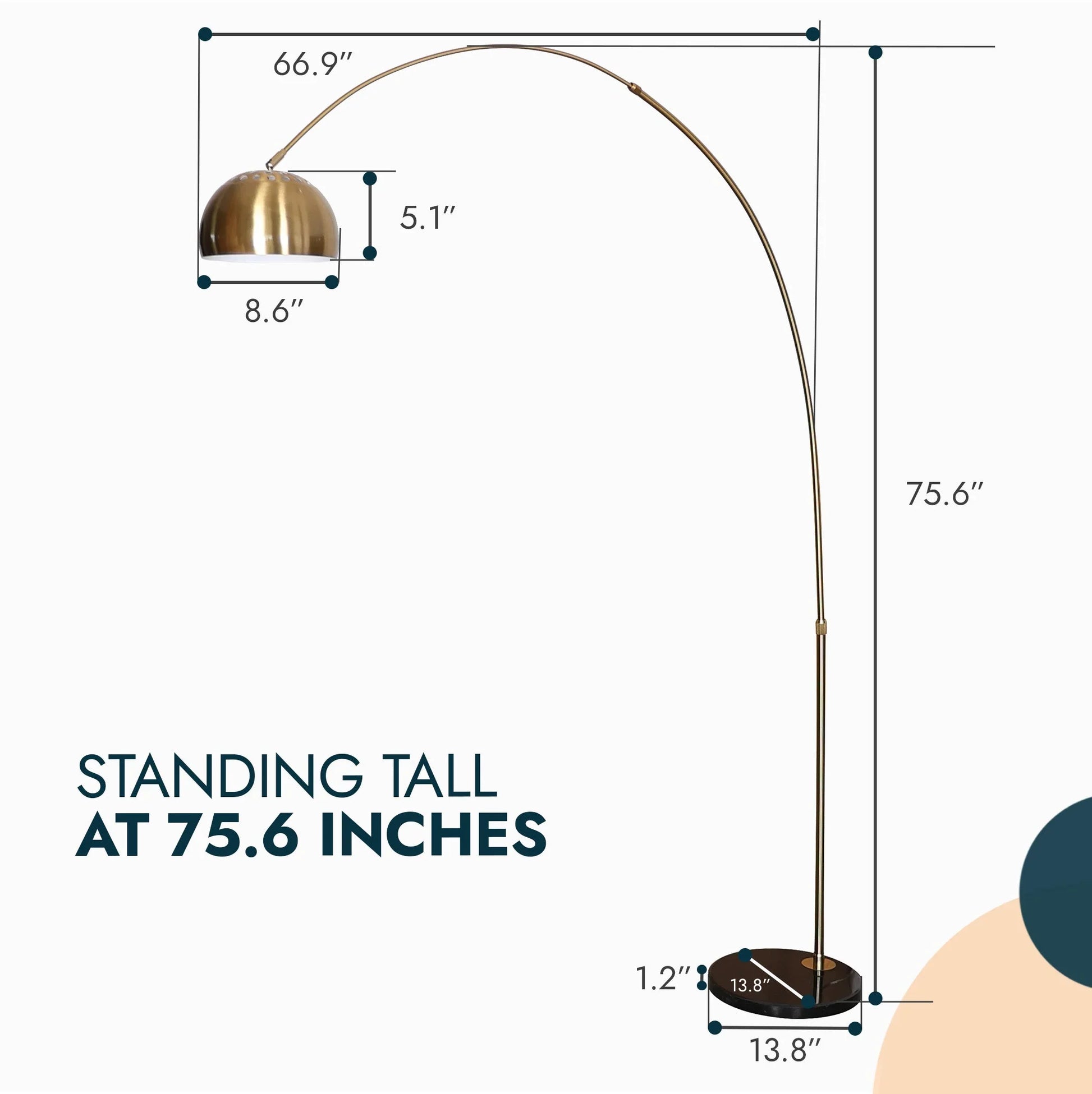 Arco Modern 76" Arched Floor Lamp: Black Marble Base & Metal Dome Shade - Elax Furniture