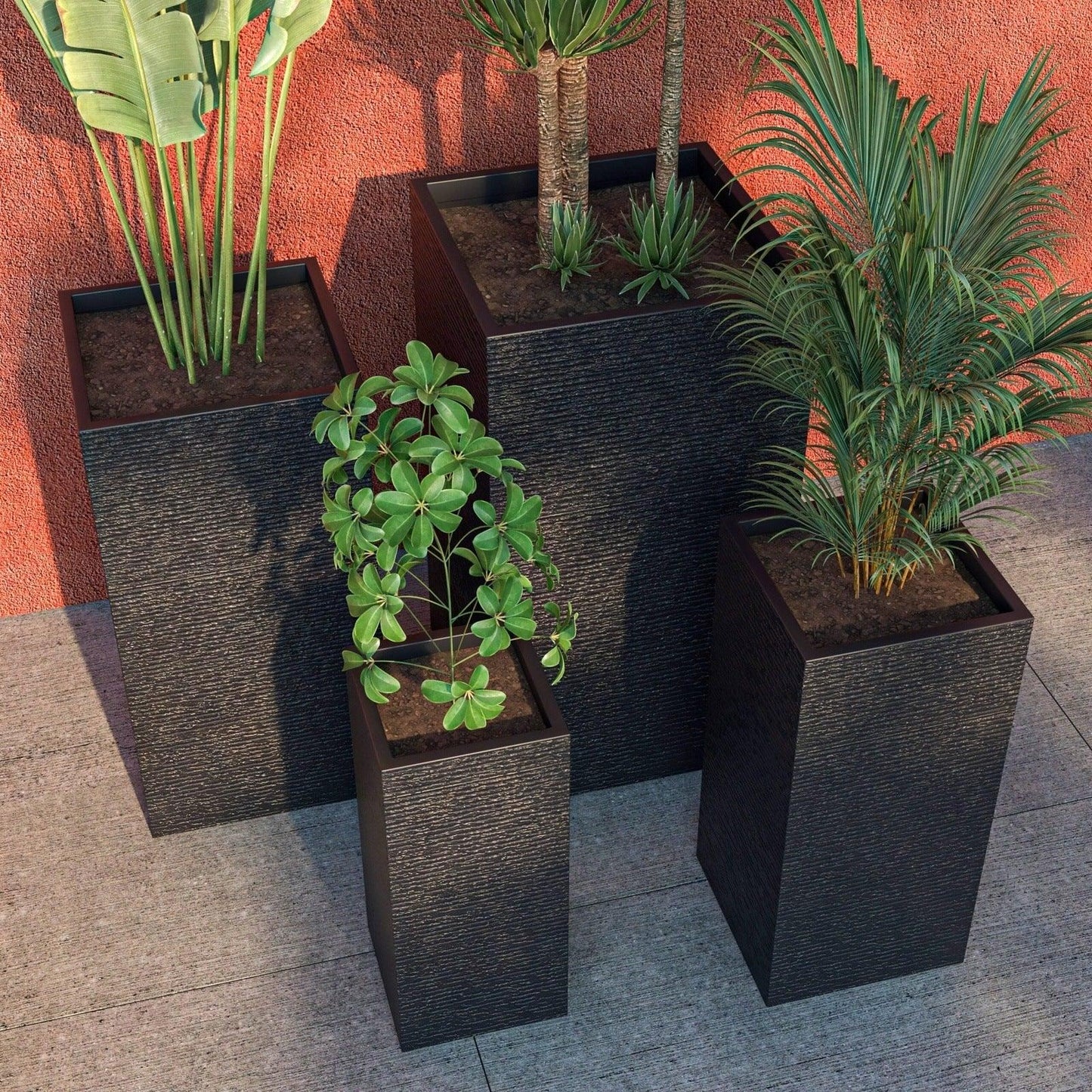 Basalt 4-Piece Fiberstone and MGO Clay Planter Set, Mid-Century Modern Tall Square Planter Pot for Indoor and Outdoor - Elax Furniture