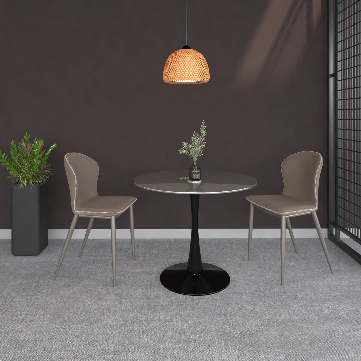Bristol Round Dining Table with MDF/Sintered Stone/Glass Tabletop in Black Steel Base Glass 35 Inches Clear Dining Table Leisuremod