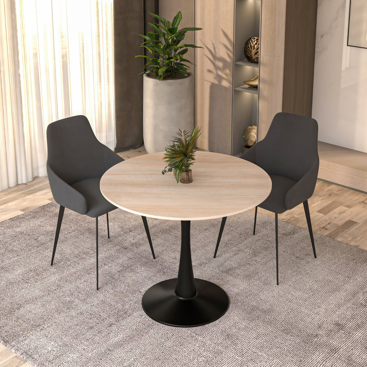 Bristol Round Dining Table with MDF/Sintered Stone/Glass Tabletop in Black Steel Base Sintered Stone 31 Inches Natural Wood Dining Table Leisuremod