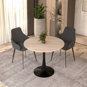 Bristol Round Dining Table with MDF/Sintered Stone/Glass Tabletop in Black Steel Base Sintered Stone 35 Inches Natural Wood Dining Table Leisuremod
