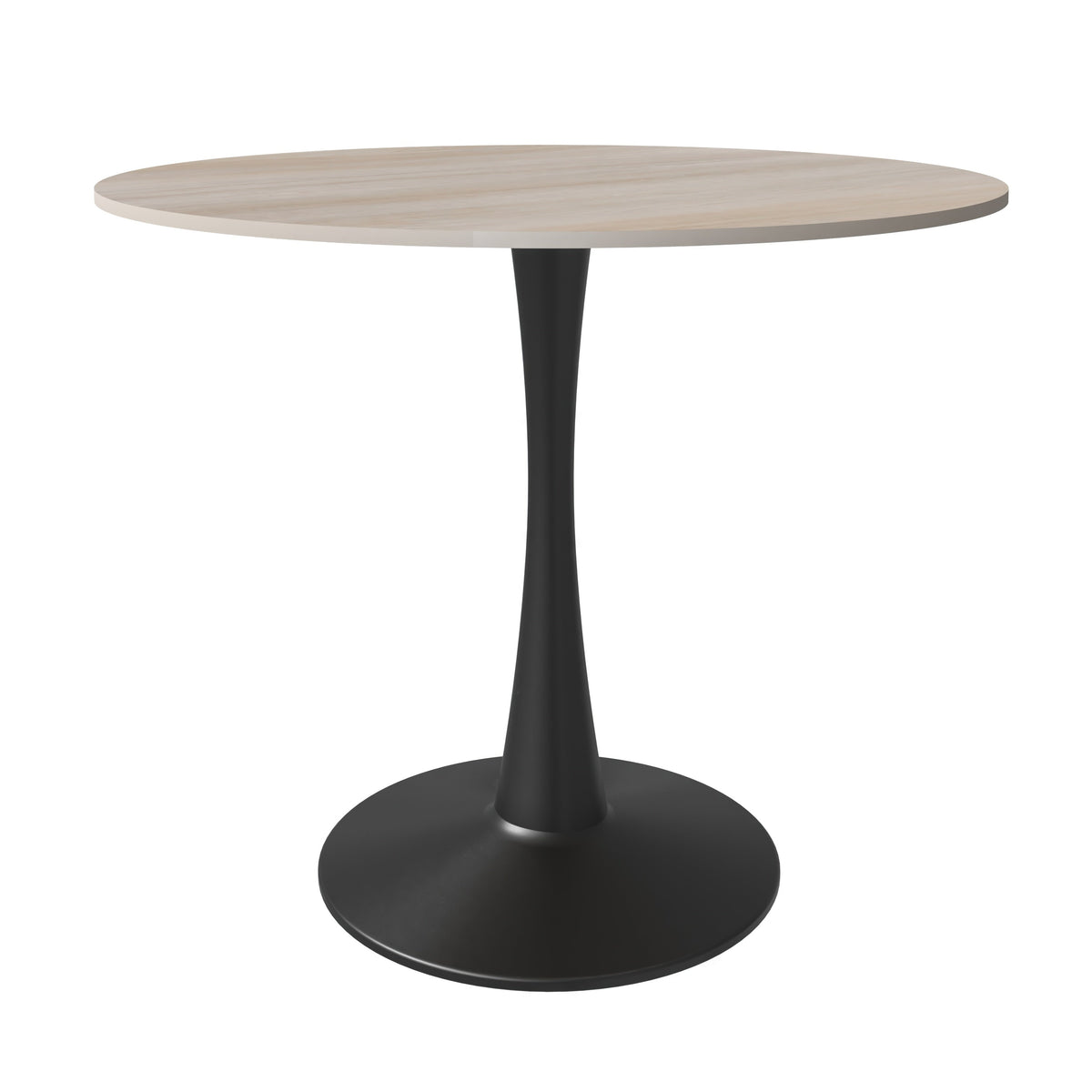 Bristol Round Dining Table with MDF/Sintered Stone/Glass Tabletop in Black Steel Base Sintered Stone 35 Inches Natural Wood Dining Table Leisuremod
