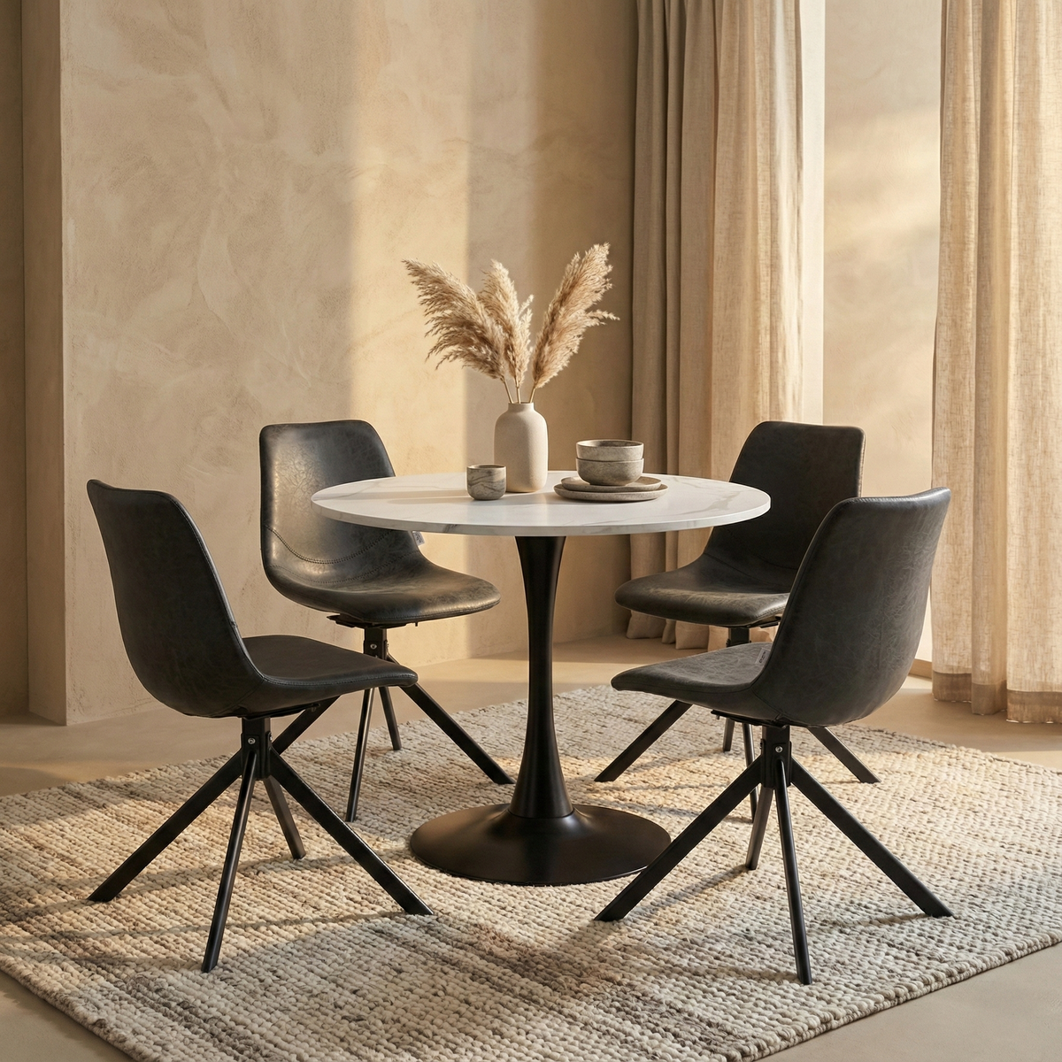 Bristol Round Dining Table with MDF/Sintered Stone/Glass and Bevel Design Tabletop in Black Steel Base
