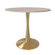 Bristol Round Dining Table with MDF/Sintered Stone/Glass Tabletop in Gold Steel Sintered Stone 31 Inches Natural Wood Dining Table Leisuremod