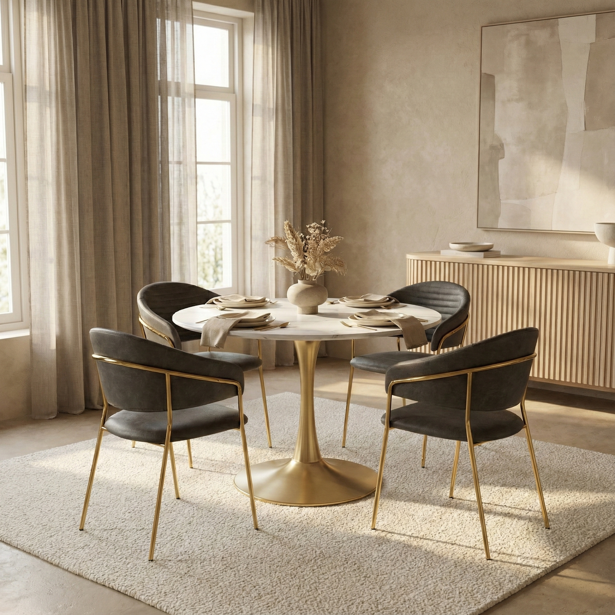 Bristol Round Dining Table with MDF/Sintered Stone/Glass Tabletop in Gold Steel