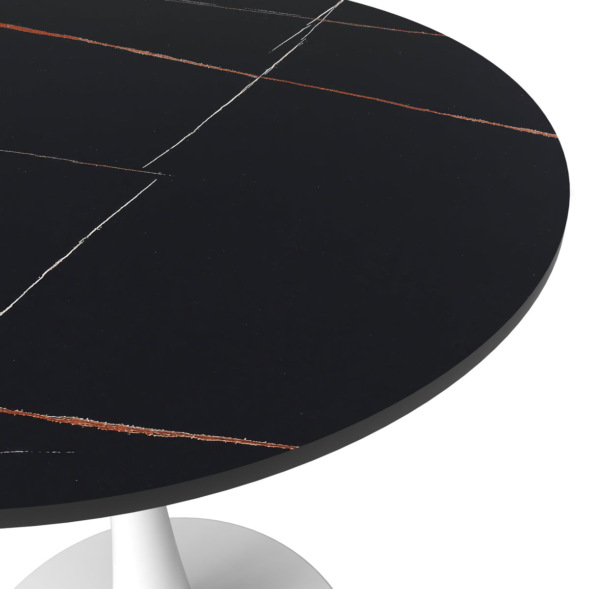 Bristol Round Dining Table with MDF/Sintered Stone/Glass Wood Tabletop in White Steel Sintered Stone 27 Inches Black Dining Table Leisuremod