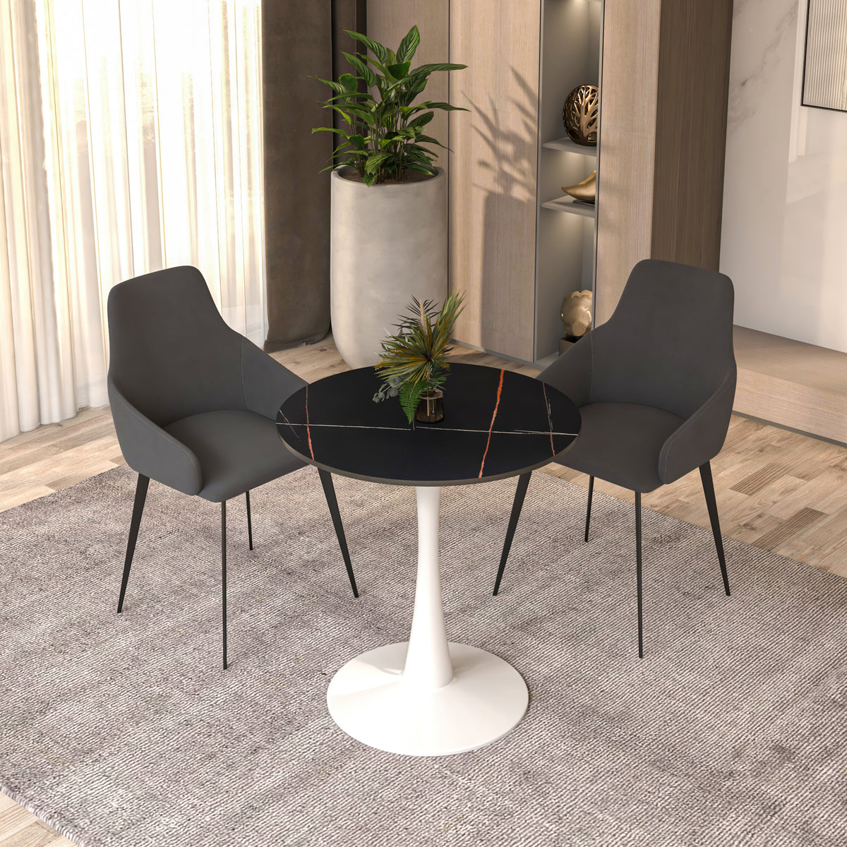 Bristol Round Dining Table with MDF/Sintered Stone/Glass Wood Tabletop in White Steel Sintered Stone 27 Inches Black Dining Table Leisuremod