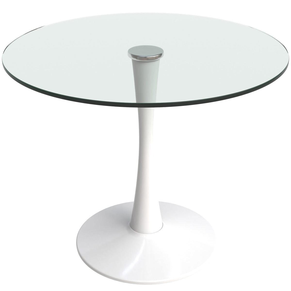 Bristol Round Dining Table with MDF/Sintered Stone/Glass Wood Tabletop in White Steel Glass 35 Inches Clear Dining Table Leisuremod