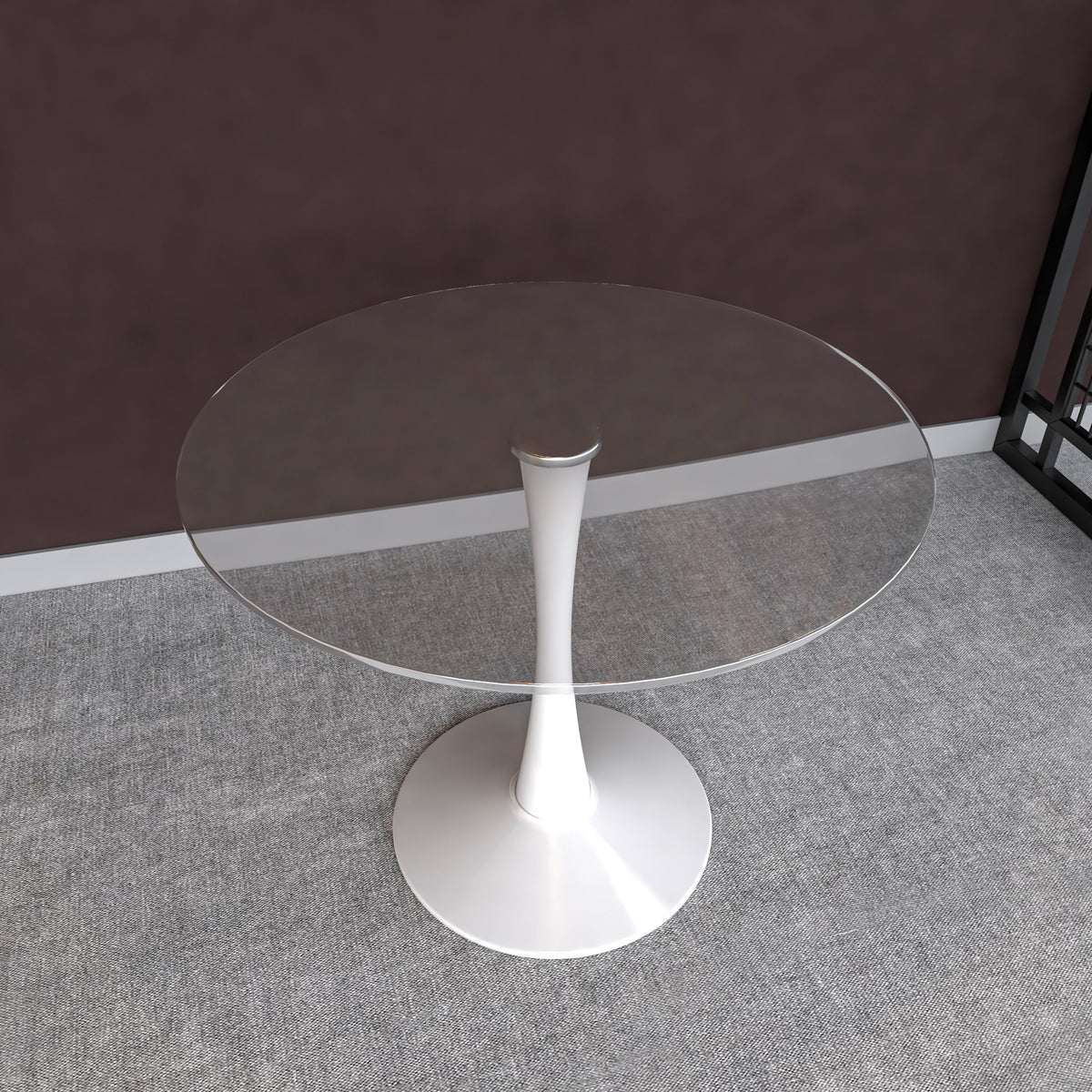 Bristol Round Dining Table with MDF/Sintered Stone/Glass Wood Tabletop in White Steel Glass 35 Inches Clear Dining Table Leisuremod