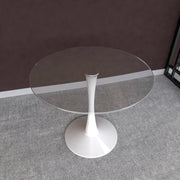 Bristol Round Dining Table with MDF/Sintered Stone/Glass Wood Tabletop in White Steel Glass 35 Inches Clear Dining Table Leisuremod