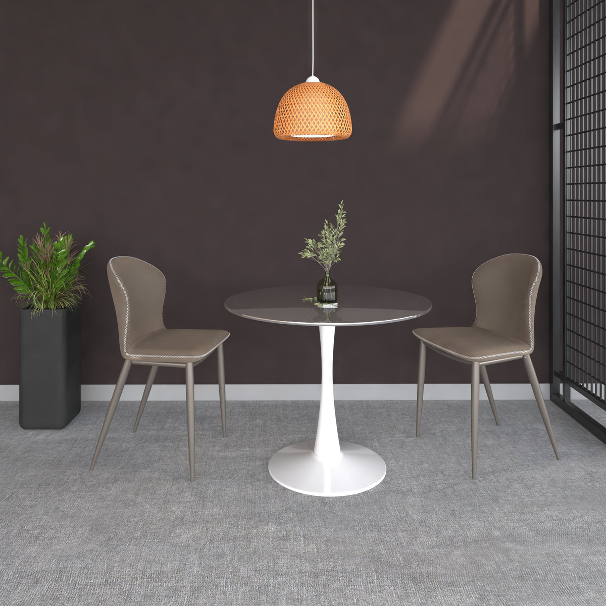 Bristol Round Dining Table with MDF/Sintered Stone/Glass Wood Tabletop in White Steel Glass 35 Inches Clear Dining Table Leisuremod