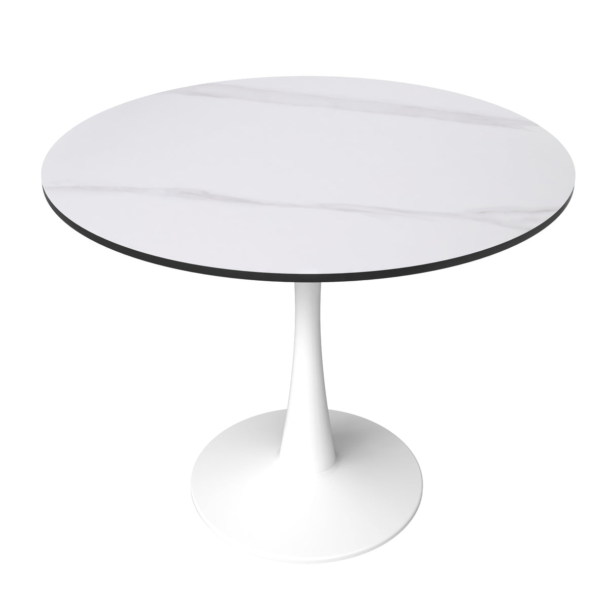 Bristol Round Dining Table with MDF/Sintered Stone/Glass Wood Tabletop in White Steel Sintered Stone 35 Inches White Dining Table Leisuremod