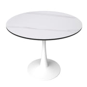 Bristol Round Dining Table with MDF/Sintered Stone/Glass Wood Tabletop in White Steel Sintered Stone 35 Inches White Dining Table Leisuremod