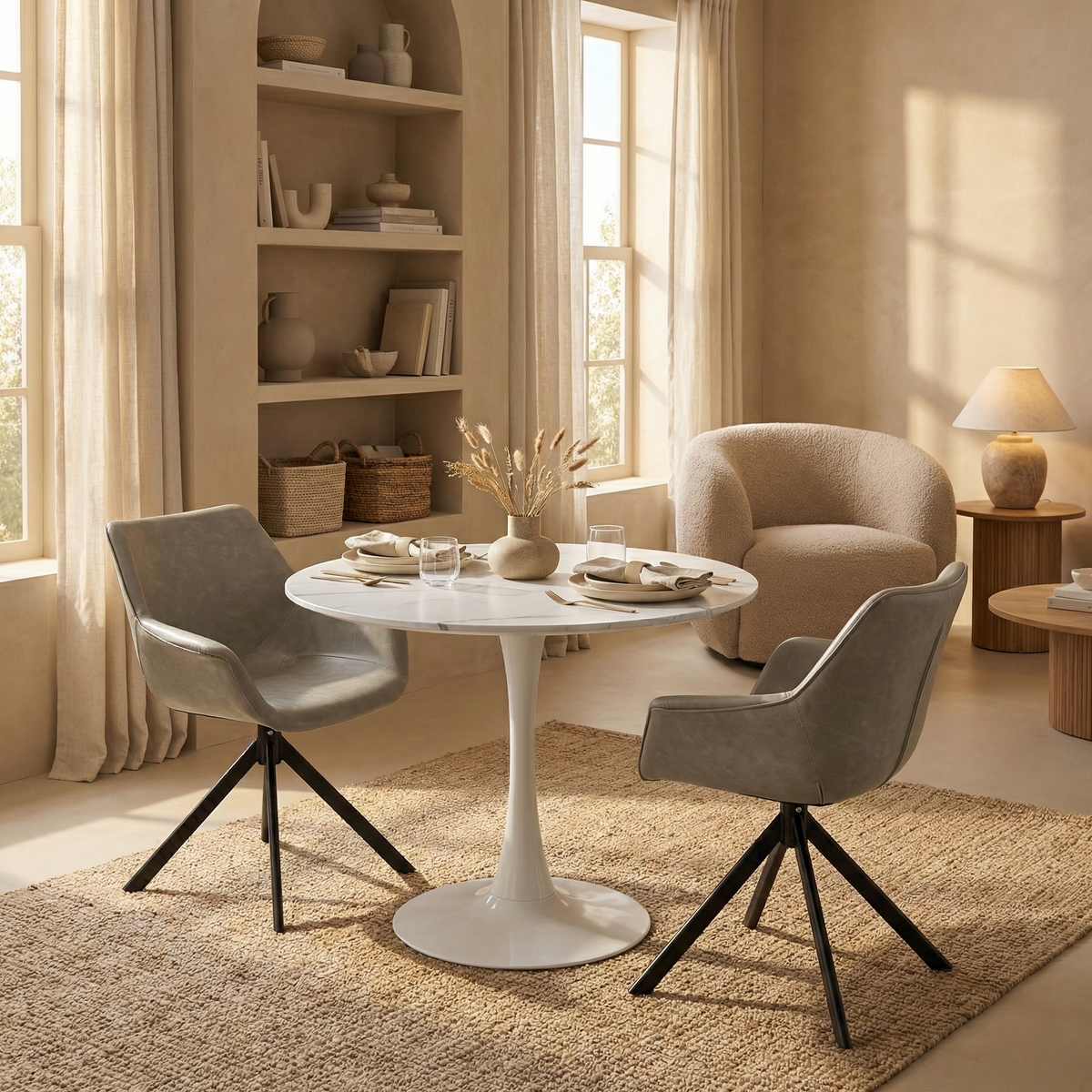 Bristol Round Dining Table with MDF/Sintered Stone/Glass Wood Tabletop in White Steel
