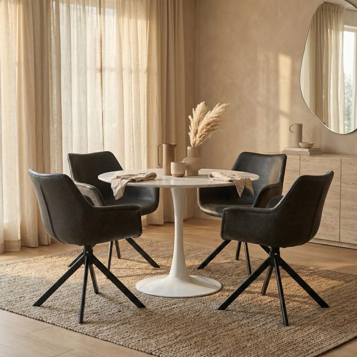 Bristol Round Dining Table with MDF/Sintered Stone/Glass Wood Tabletop in White Steel