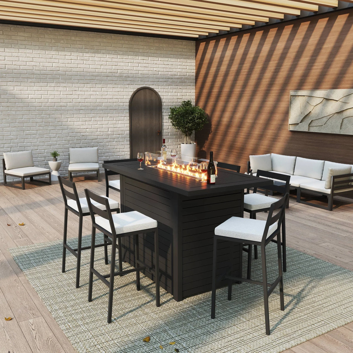 Chelsea Rectangular Aluminum Fire Pit Bar Table with Lid Glass Guard and Tank Holder - Elax Furniture