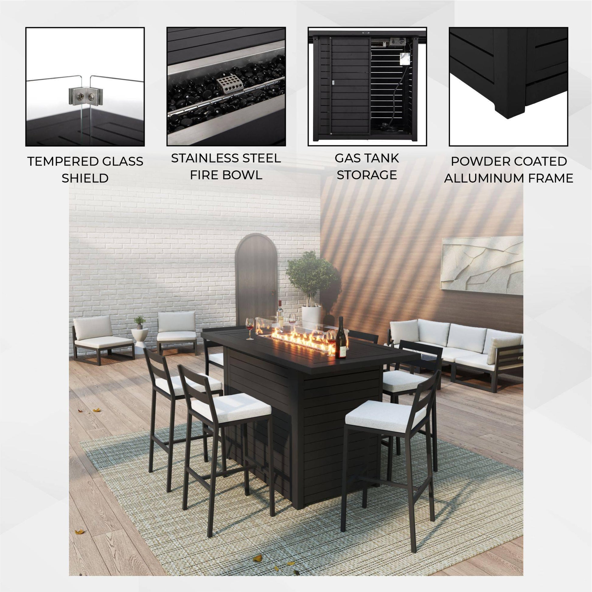 Chelsea Rectangular Aluminum Fire Pit Bar Table with Lid Glass Guard and Tank Holder - Elax Furniture