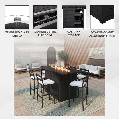 Chelsea Rectangular Aluminum Fire Pit Bar Table with Lid Glass Guard and Tank Holder - Elax Furniture