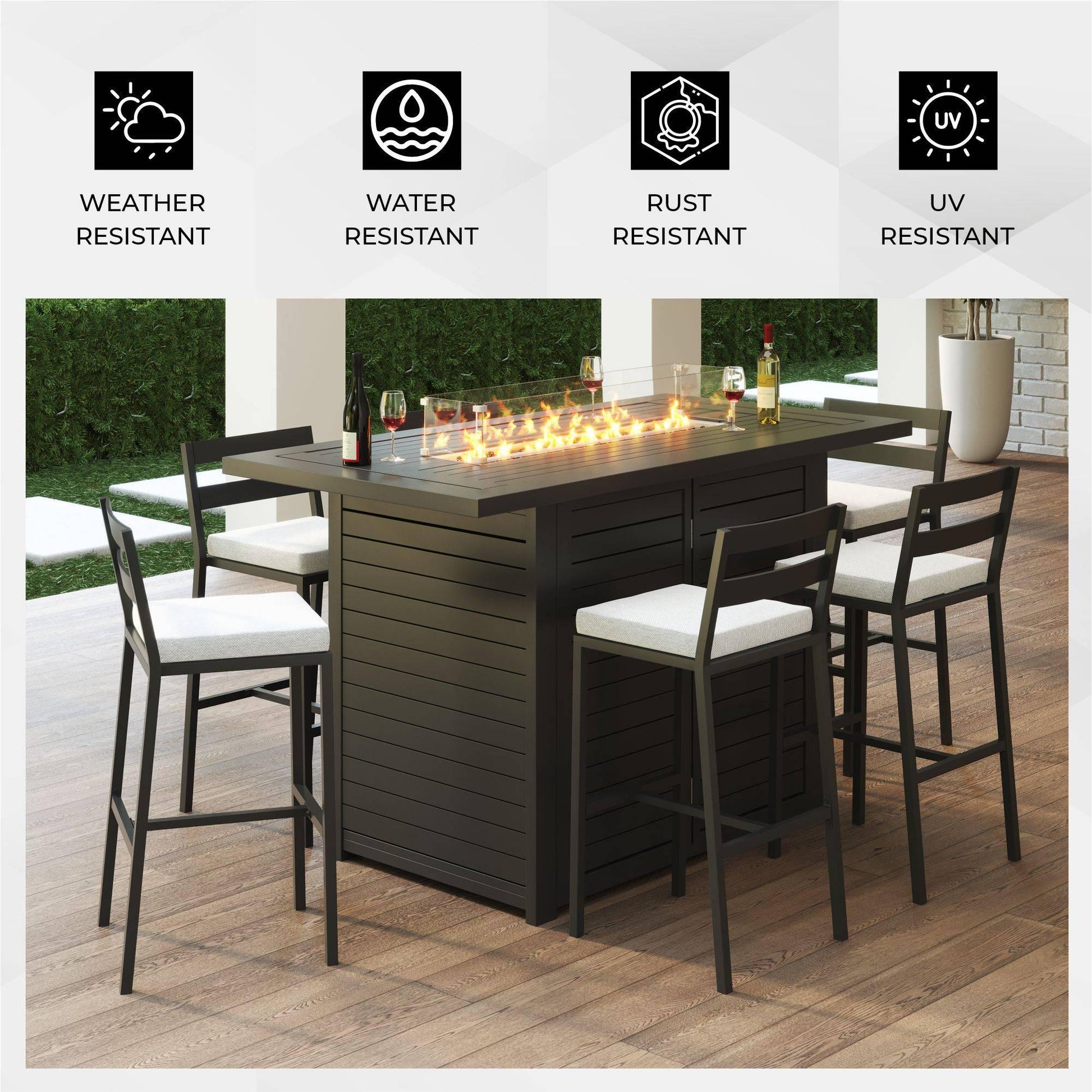 Chelsea Rectangular Aluminum Fire Pit Bar Table with Lid Glass Guard and Tank Holder - Elax Furniture