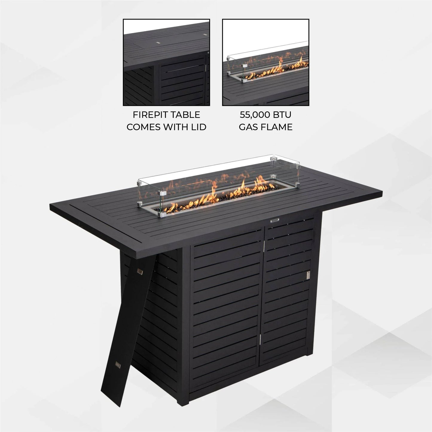 Chelsea Rectangular Aluminum Fire Pit Bar Table with Lid Glass Guard and Tank Holder - Elax Furniture