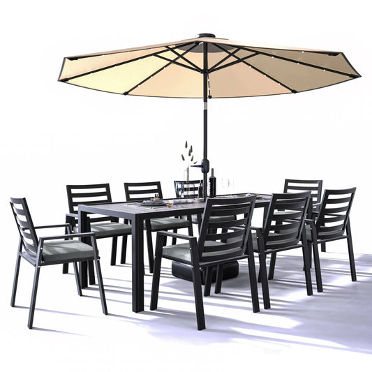 Chelsea 9-Piece Modern Outdoor Dining Set in Black Aluminum with Removable Cushions - Elax Furniture