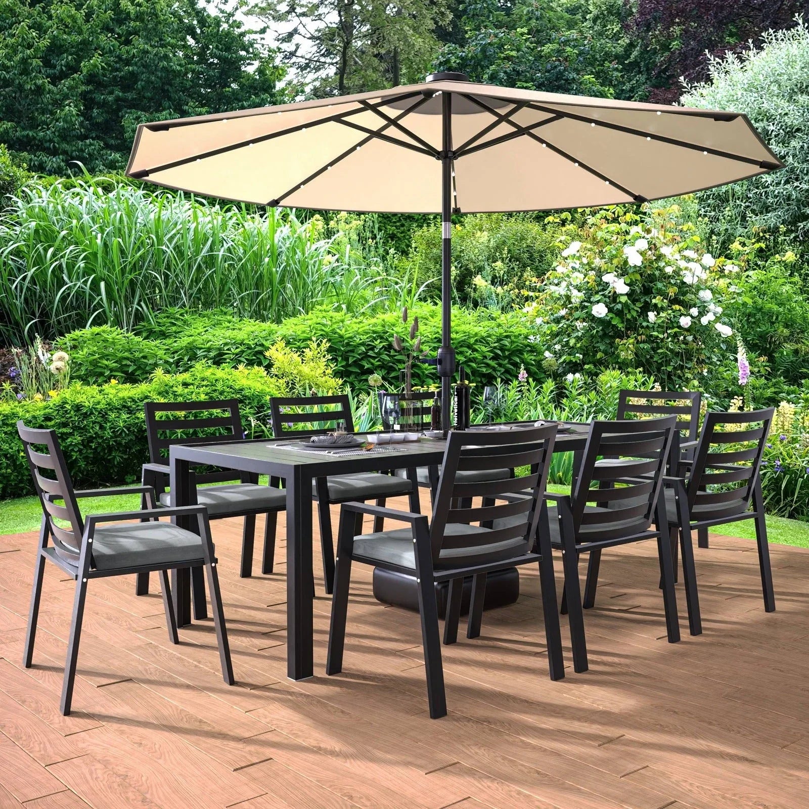 Chelsea 9-Piece Modern Outdoor Dining Set in Black Aluminum with Removable Cushions - Elax Furniture