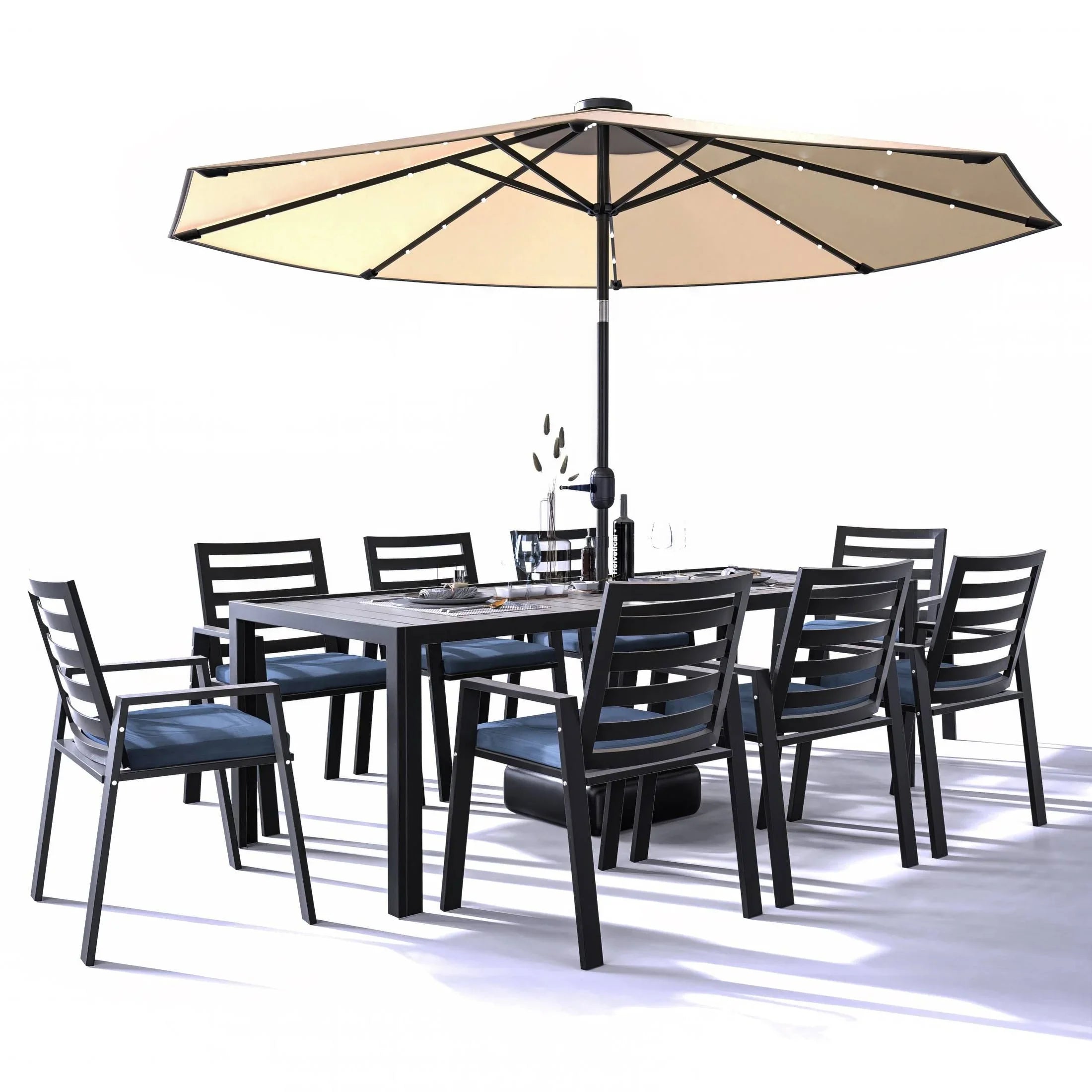 Chelsea 9-Piece Modern Outdoor Dining Set in Black Aluminum with Removable Cushions - Elax Furniture